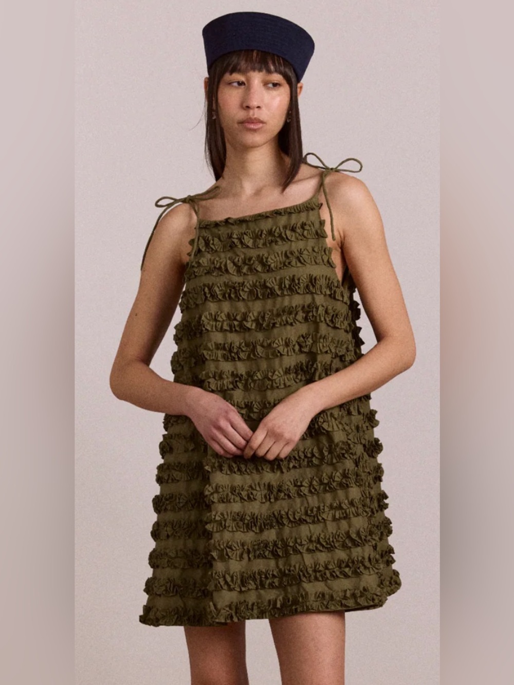 Olive Green Ruffle Tie-Shoulder Sundress